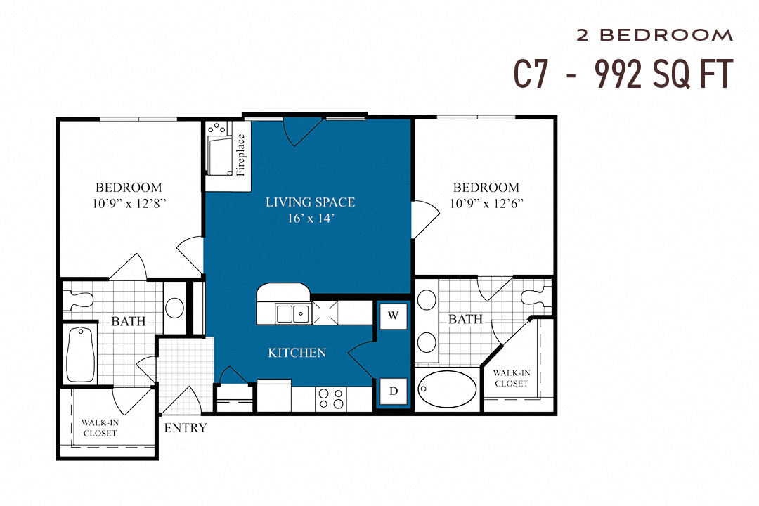 Floor plan for 2 beds, 2 baths, 992 sqft